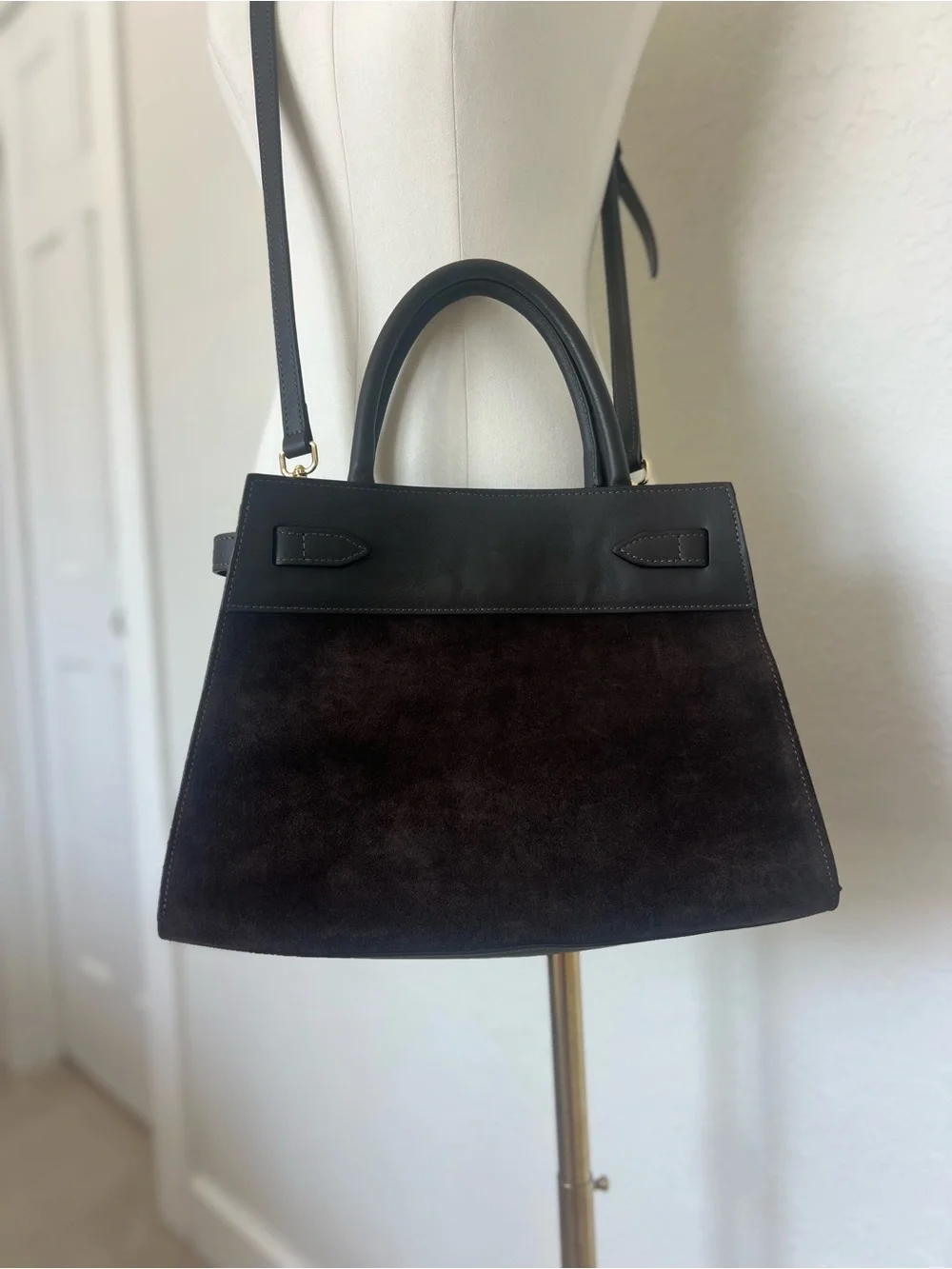 Italian Genuine Leather Suede Satchel Handbag Dark Brown Top Handle Crossbody
